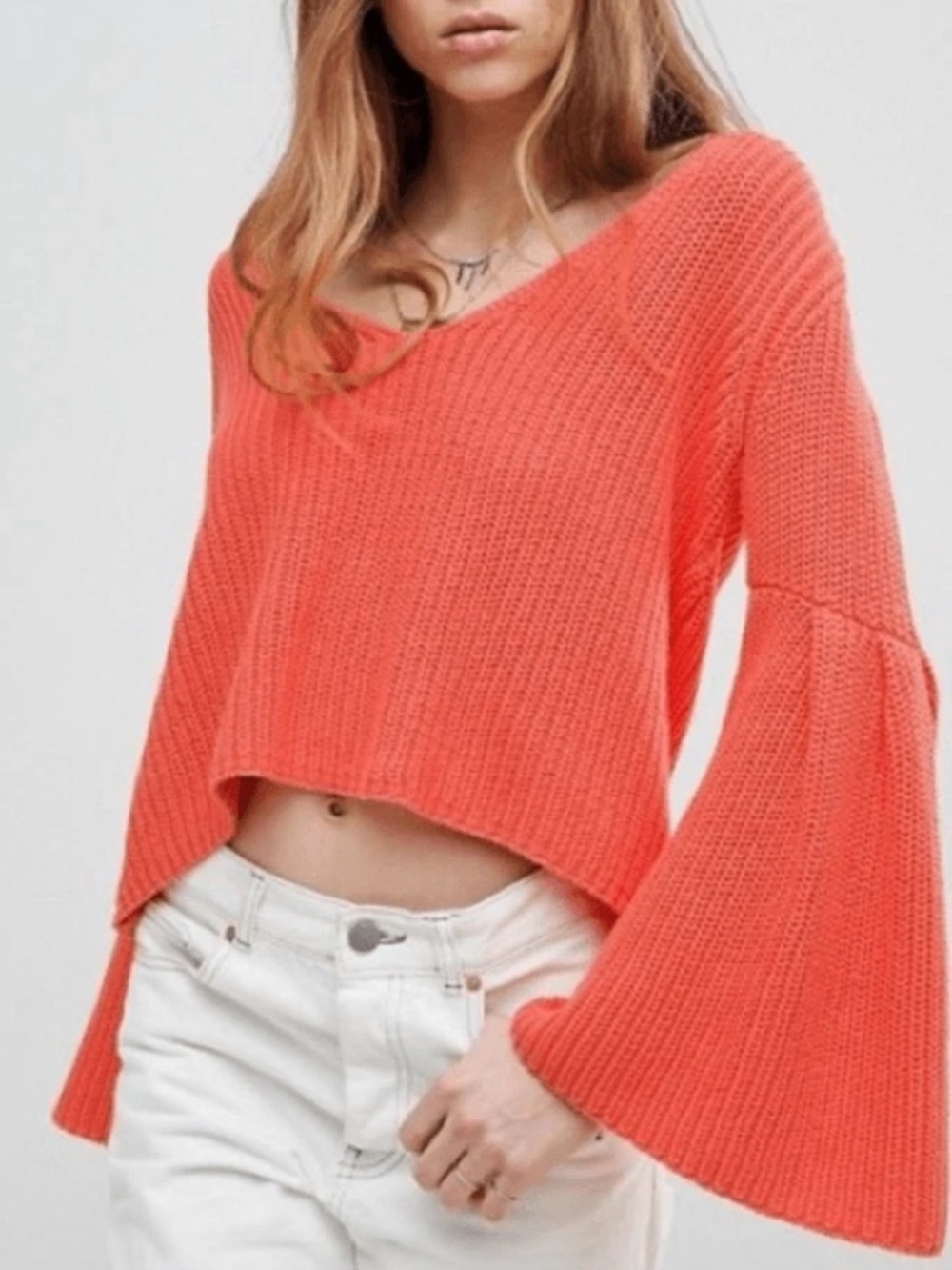 Free People Damsel Coral V Neck Bell sweater size L